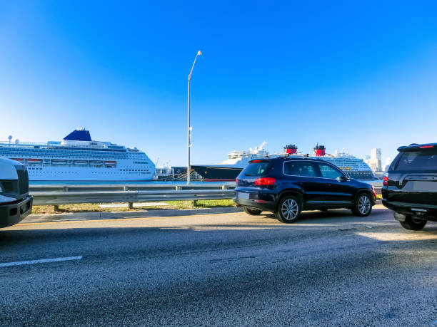 Port of Miami transportation service with luxury vehicle at cruise terminal.